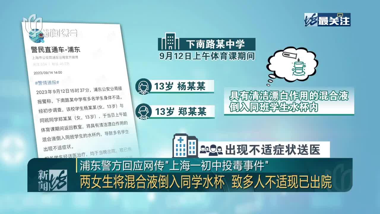 浦东警方回应网传“上海一初中投毒事件” 两女生将混合液倒入同学水杯 致多人不适现已出院_手机新浪网