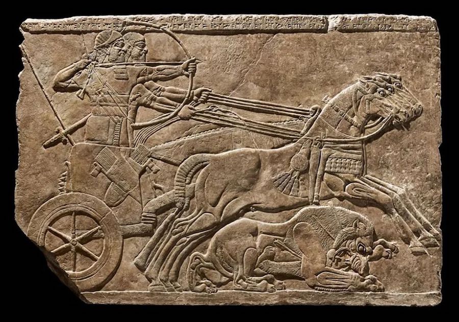 图十一,亚述公元前八世纪的小轮战车(伊拉克尼尼微遗址石刻浮雕)