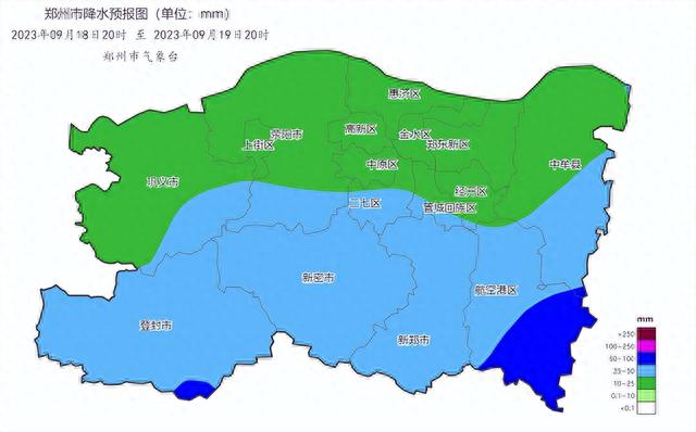 图1 2023年9月18日20时至19日20时郑州市降水量预报图(单位:mm)