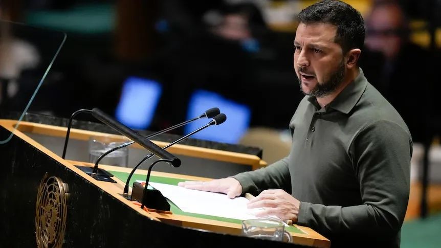 当地时间9月19日,乌克兰总统泽连斯基在参加联合国大会期间发言.