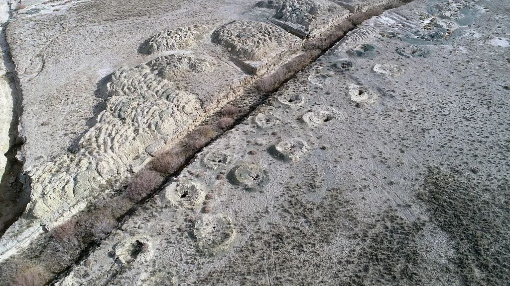 新疆坎儿井鸟瞰图.(图片来源:视觉中国)