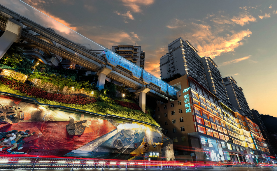 2号线李子坝站"单轨穿楼"奇景.&nbsp;渝中区委宣传部供图