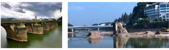 安徽黄山镇海桥2020年洪涝损毁前(左)、后(右) 。图片来源：《不可移动文物自然灾害风险管理研究》