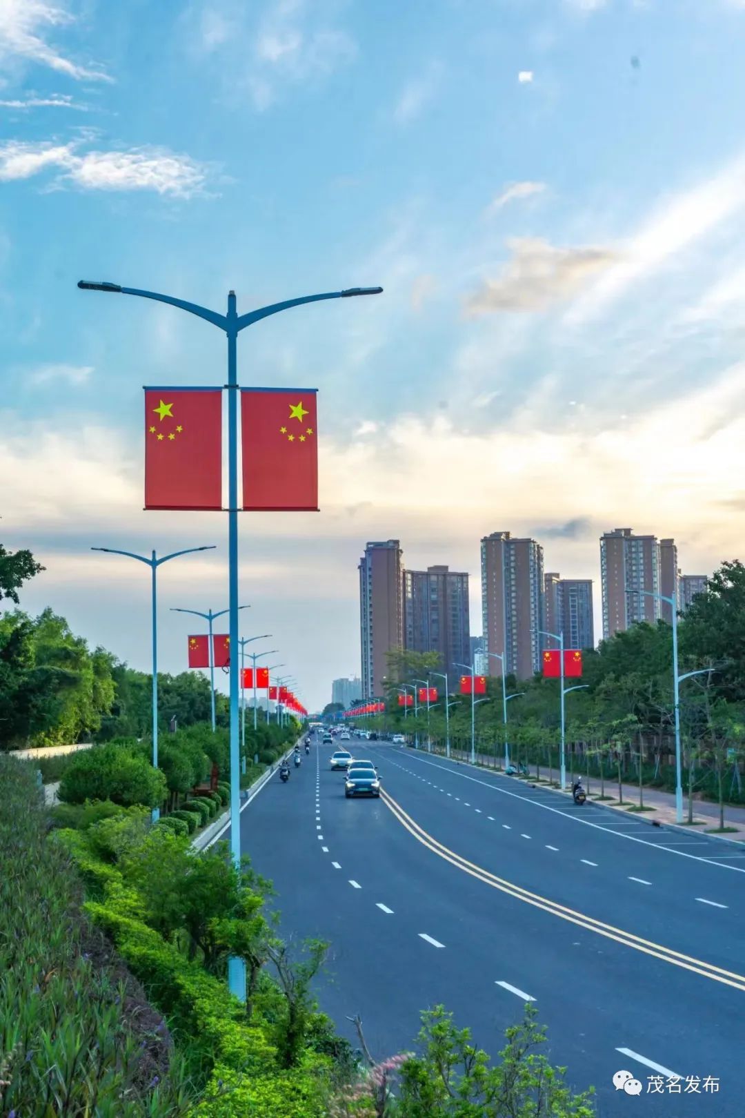 电白区大街小巷飘扬的五星红旗,已然成为一道亮丽的风景线.