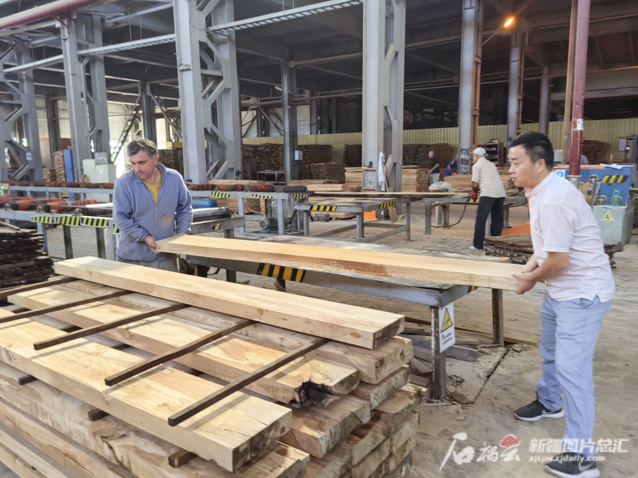 9月24日,库塔伊西华凌自由工业园的木材加工厂里,工人们正在搬运木材.