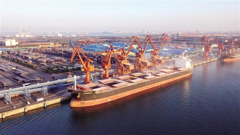 图为海轮在广西防城港散货码头卸货