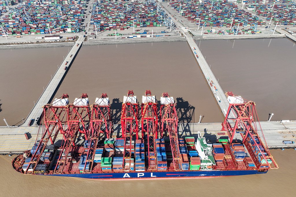 2023年1月8日上午,宁波舟山港,梅山港区,集装箱轮在码头上进行装卸