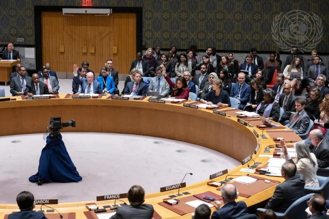 中国,俄罗斯和阿联酋代表举手反对美国提案,图自联合国网站