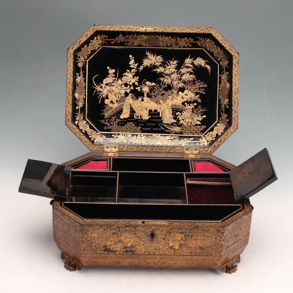 19世纪&nbsp;黑漆描金龙纹庭院人物针线盒