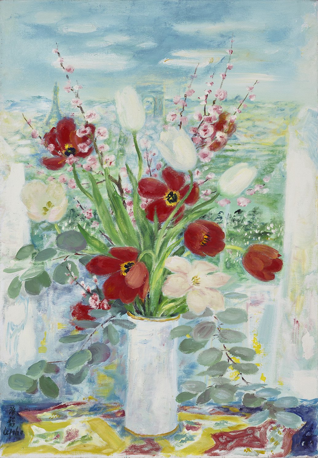 黎谱&nbsp;(1907-2001)&nbsp;《白色瓷瓶里的红花》&nbsp;油彩,1970