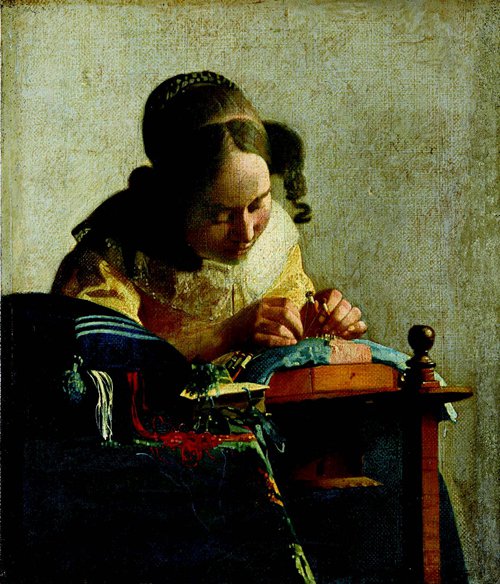 《花边女工》维米尔短暂的绘画生涯中的另一个极端是《花边女工》,它