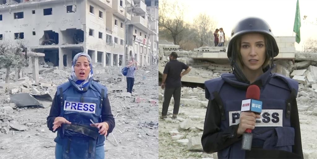 新华社记者萨那·卡迈勒(左)和欧胡德(右)在报道现场.