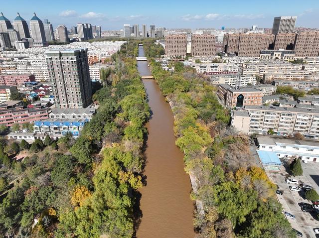 11月10日,航拍黄河水经银川唐徕渠横穿城市.