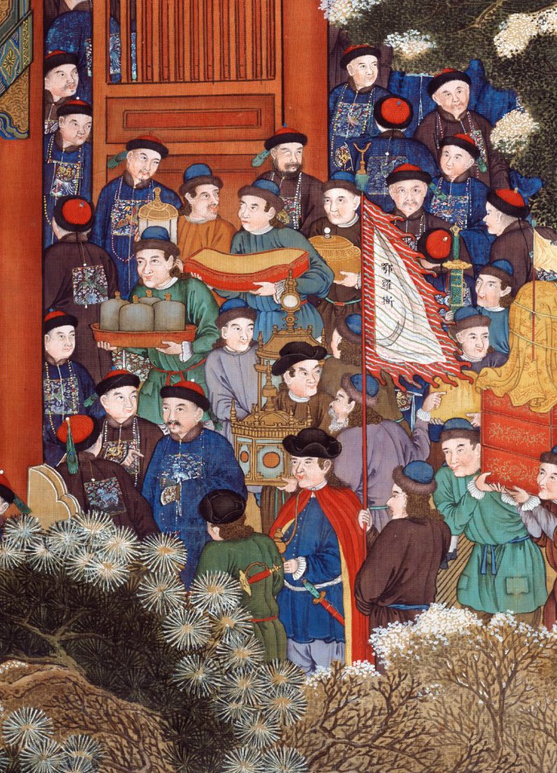 图9 清 佚名 《万国来朝图》之钟表局部 轴 绢本设色 1778年&nbsp