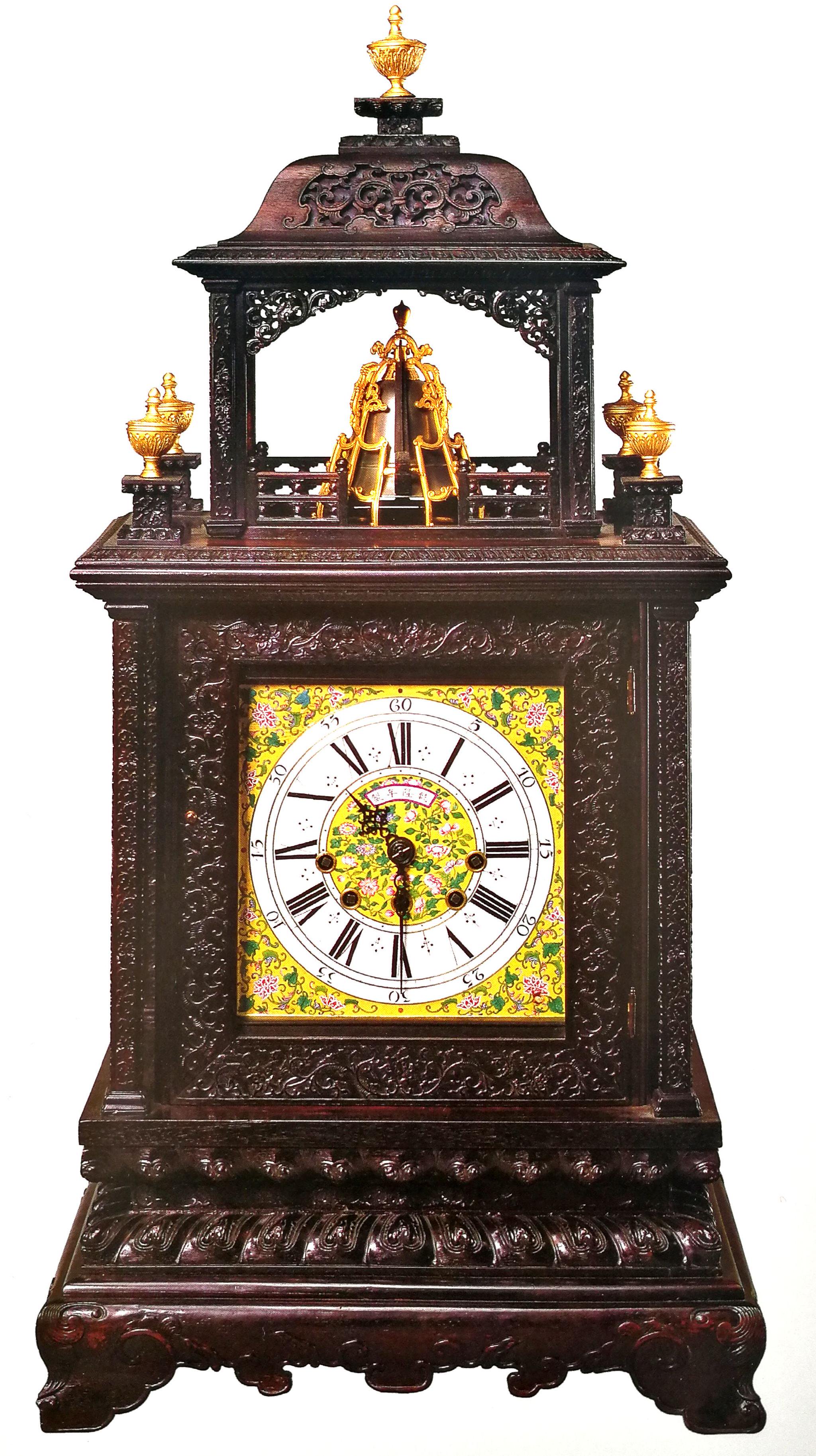 图5 清乾隆朝 紫檀楼式时刻更钟&nbsp; 高100厘米 宽51厘米&nbsp; 厚