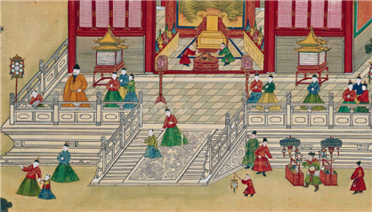 在《明宪宗元宵行乐图》中,大量宫人穿着纯色马面裙.