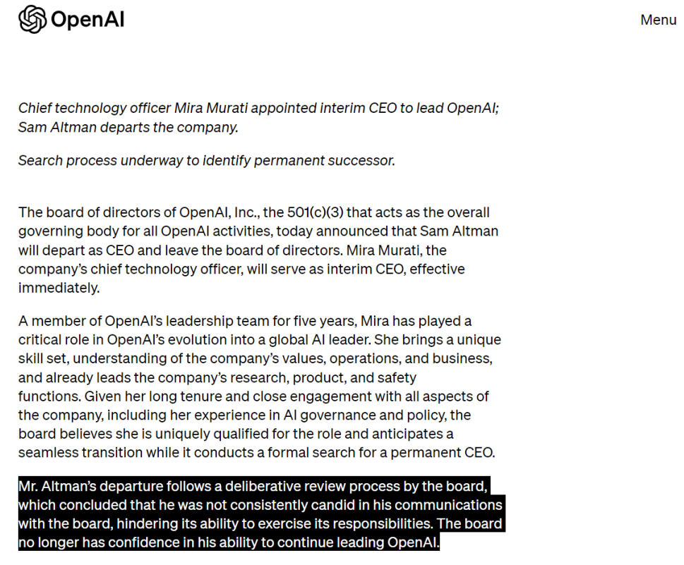 ChatGPT之父山姆·奥特曼被赶出OpenAI，董事会称其未能保持坦诚