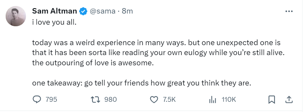 奥特曼的最新回应，让大家记得“去告诉你的朋友们他们有多棒”。来源：X