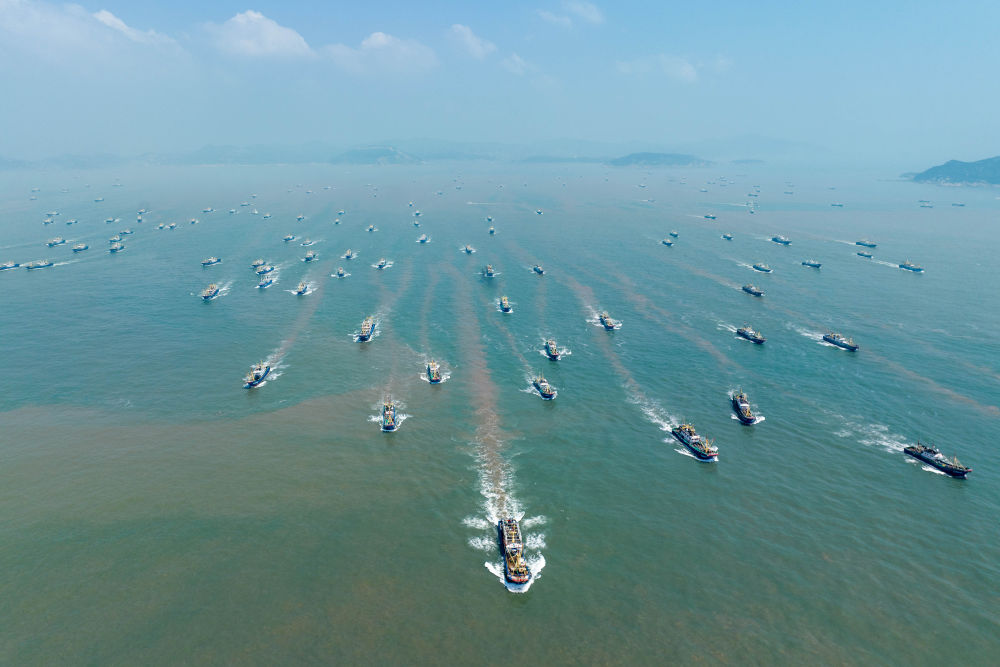 8月6日,浙江省温岭市渔船扬帆驶向东海,进行捕捞作业(无人机照片)