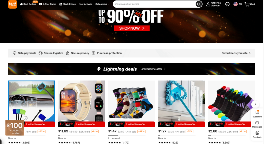 Temu黑五当日网站首页，推荐的产品单价低于3美元，发放100美元优惠券（左下角）。