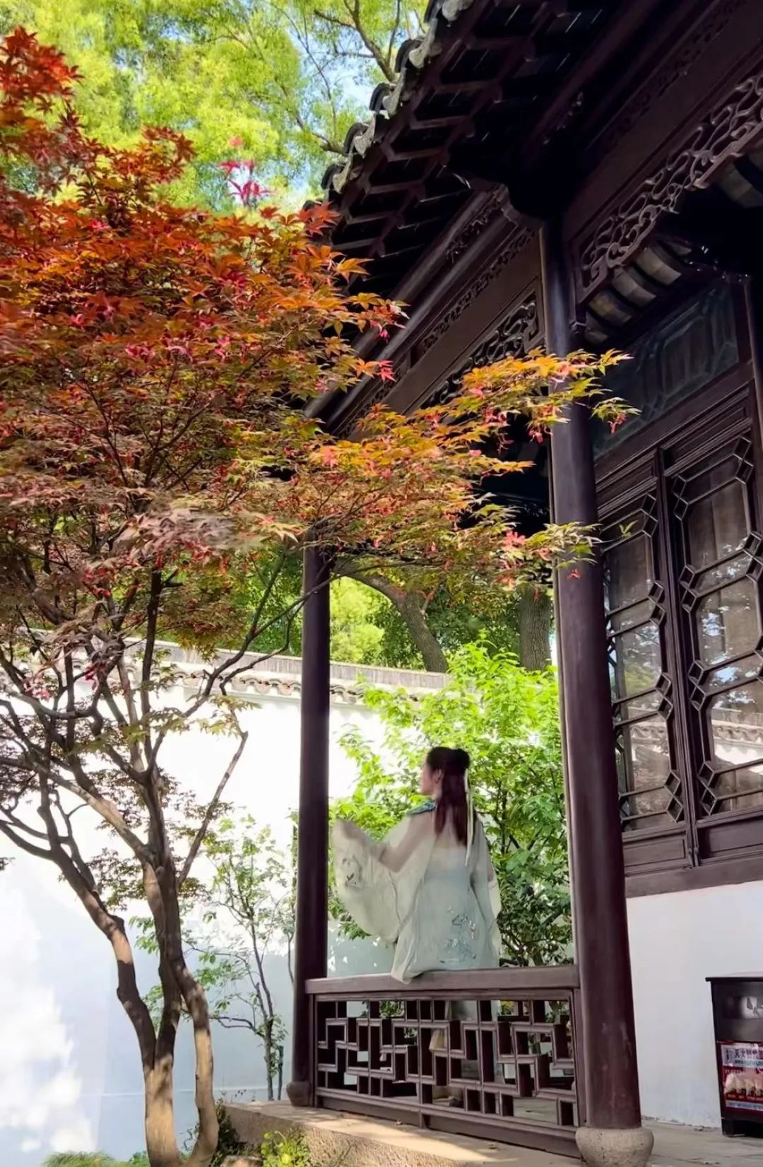 苏州拙政园内,一名身着汉服的女生在打卡.摄影 飞