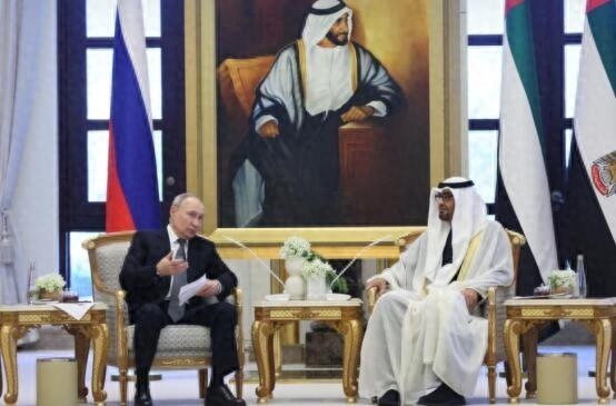 12月6日，俄罗斯总统普京（左）与阿拉伯联合酋长国总统穆罕默德举行会晤。塔斯社报道所配图片