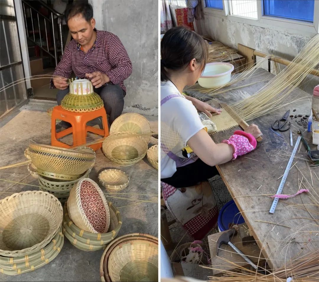 篾匠们在进行竹编制作做一个竹编产品,工艺步骤繁杂.