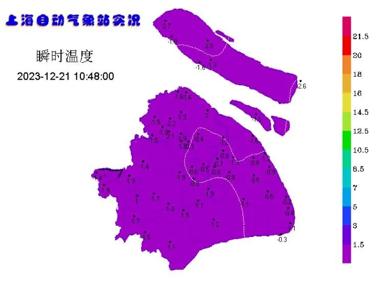 Shanghai's instantaneous temperature at 10:48 on December 21, the temperature map has been "frozen purple".Shanghai weather release map