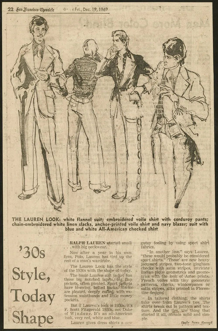 1969年《旧金山纪事报》关于Ralph Lauren的报道：30s Style，Toady Shape