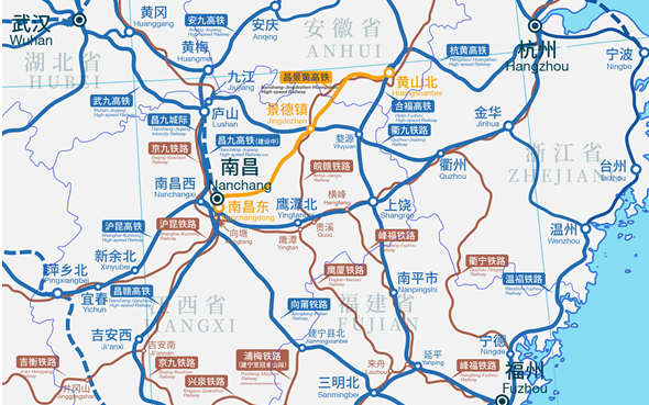 (昌景黄高铁线路走向示意图)昌景黄高铁正式名称为杭昌高铁黄昌段,是