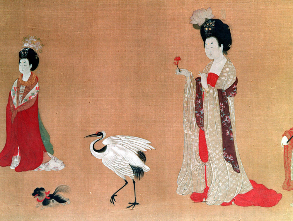 辽宁省博物馆珍藏的字画,唐,周昉《簪花仕女图》局部.
