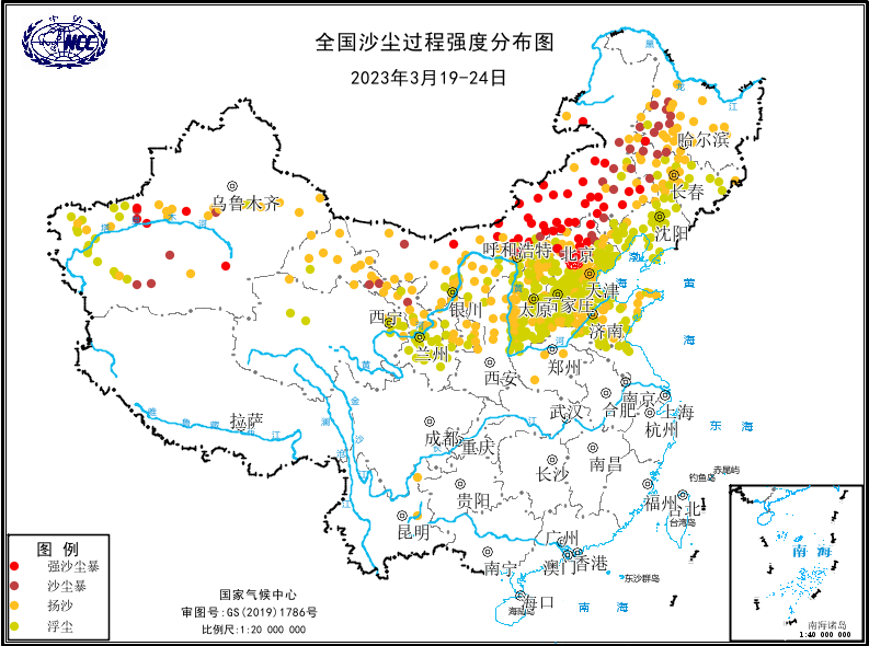 图为3月19-24日全国沙尘过程强度分布图