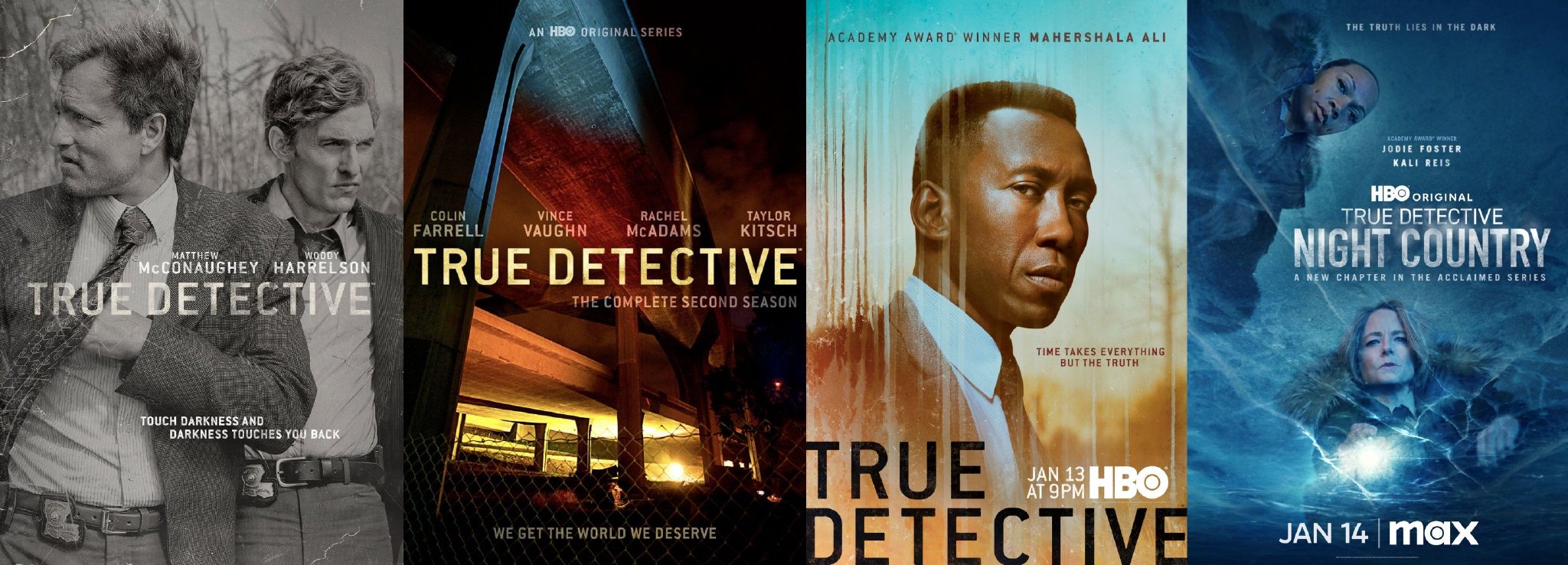 《真探》第一季（2014）、第二季（2015）、第三季（2019）、第四季（2024）海报