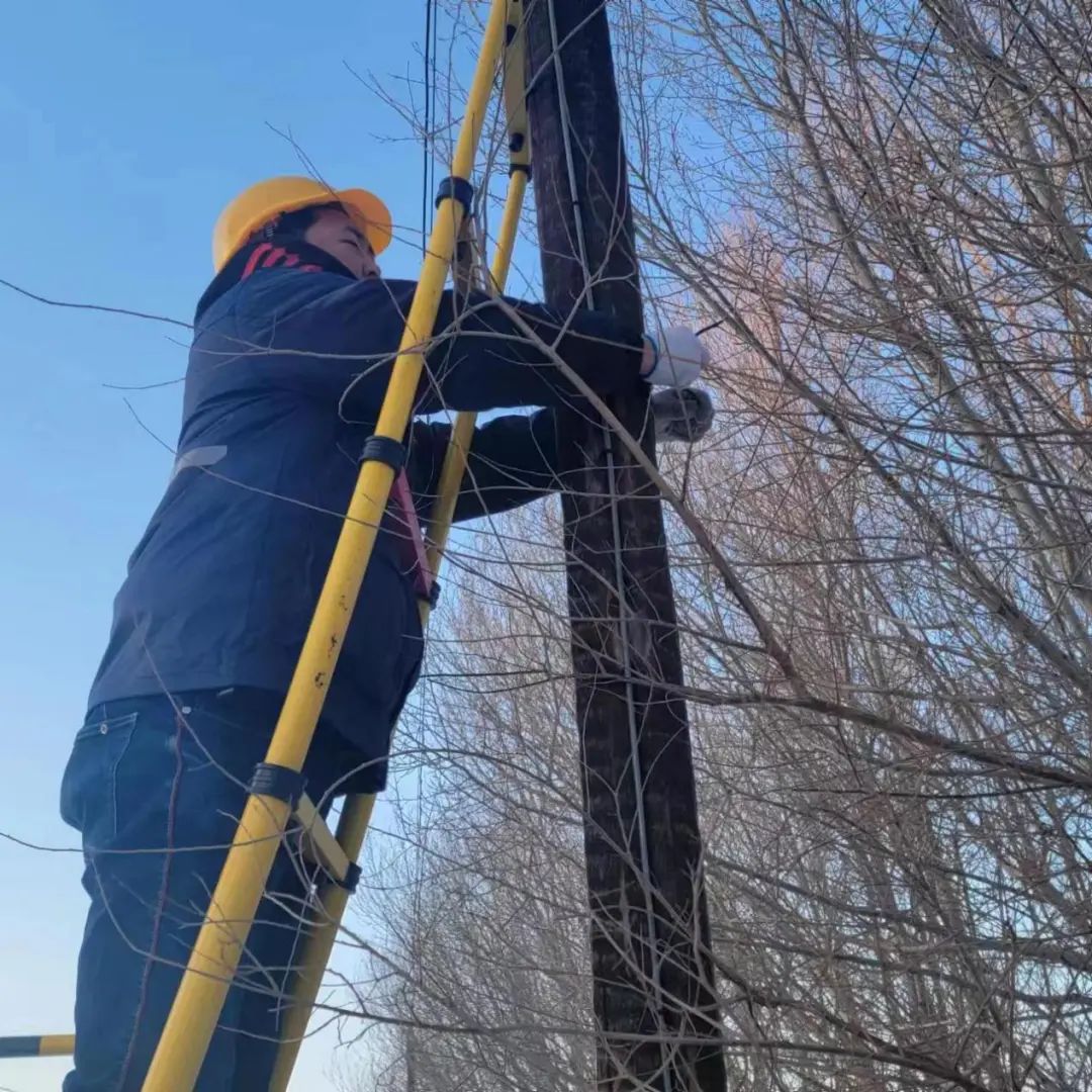 图为中国电信哈尔滨分公司维护工程师王巍正在维修线路