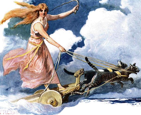 创作于20世纪初的水彩画：两只大猫牵拉着女神芙蕾雅的战车