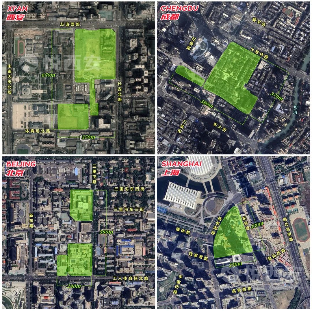 同比例尺下内地四大太古里项目占地示意&nbsp;制图08悦西安