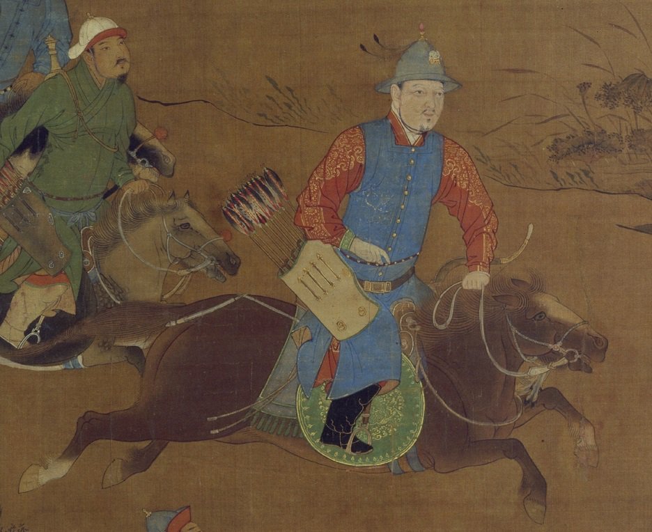 明人绘《射猎图轴》中戴钵笠帽的明朝皇帝形象