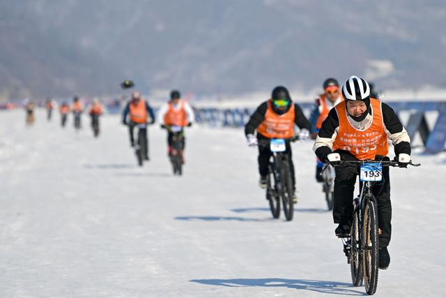 1月30日,参赛者在雪地自行车马拉松挑战赛中.新华社记者 颜麟蕴 摄