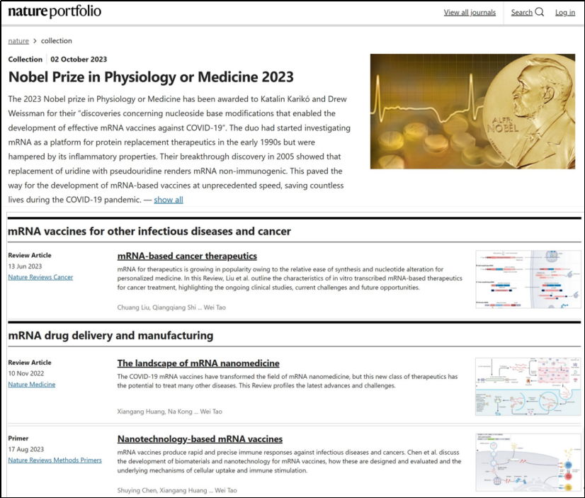 图丨“2023 年诺贝尔生理学或医学奖”专题论文（来源：Nature）