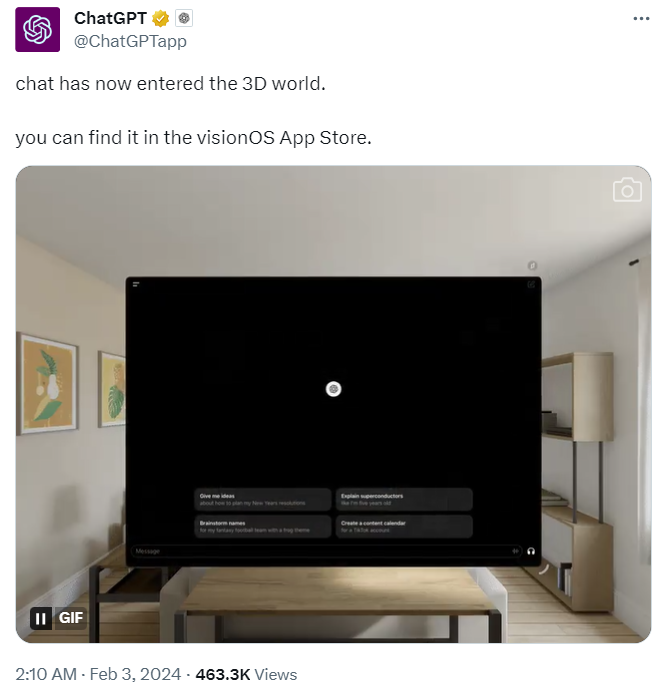 ChatGPT已正式登陆苹果Vision Pro。来源：X平台