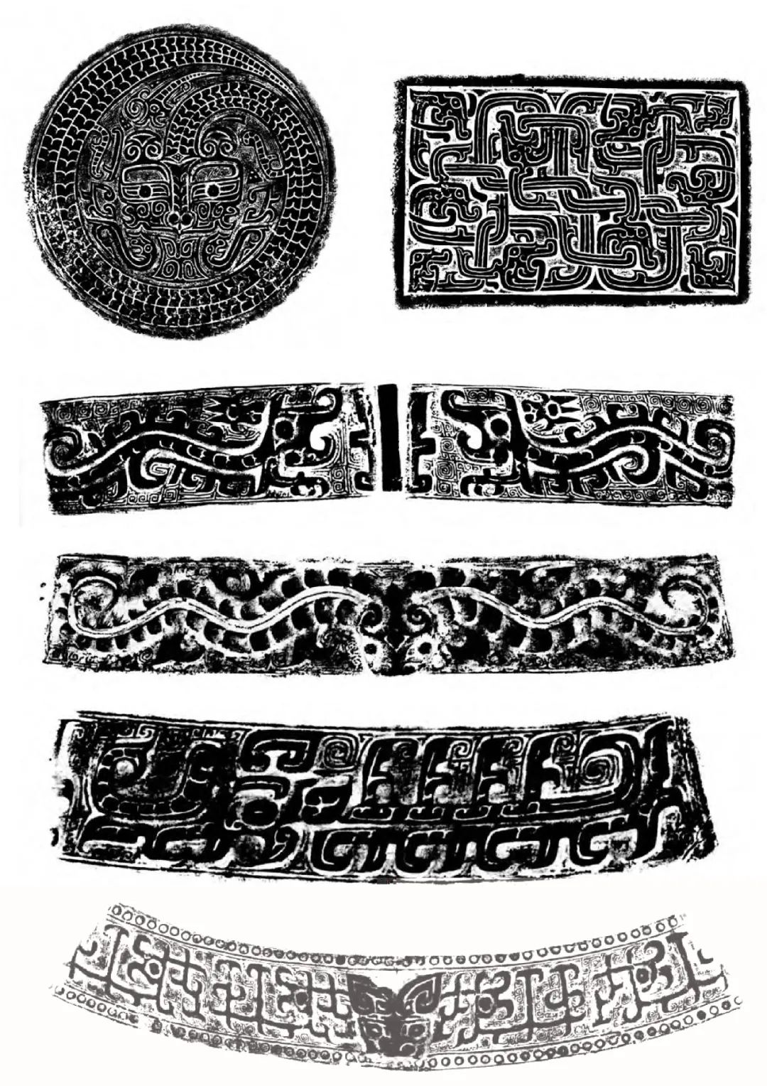 图8 青铜器上的各种龙纹,由上向下依次是卷龙纹(左),交龙纹(右),爬行