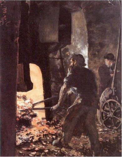 图10 门采尔《蒸汽锤前的工人与我》（1872）