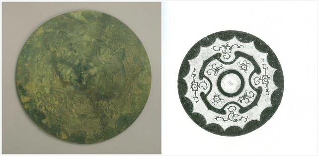 南越王博物院藏;右:左侧铜镜的拓片 图案纹饰为四瓣"柿蒂纹"因其样式