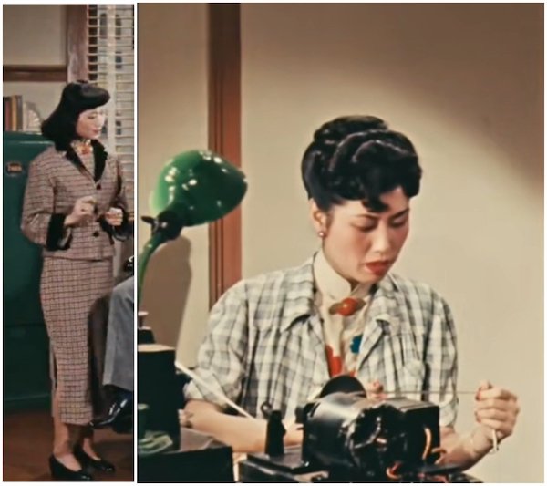 图 6 《不夜城》中张伯韩公司的女职员，右图是在报读美棉行情
