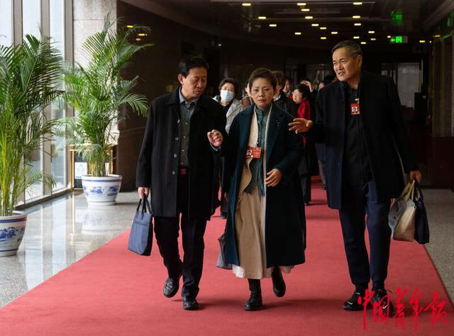 发展委员会主任杨安娣等全国政协委员在走向小组会议会场的路上交谈