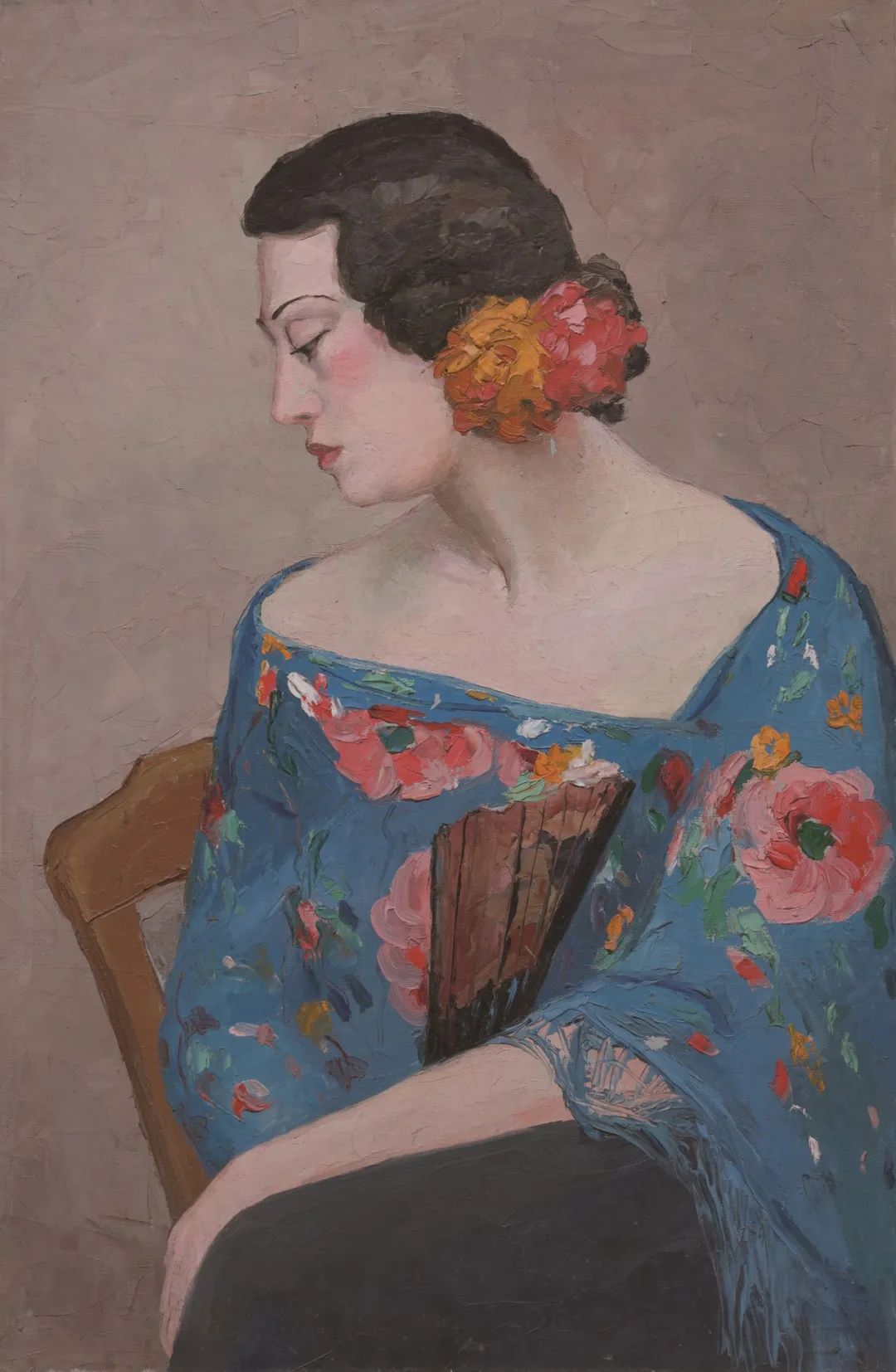 《戴花执扇的女人》&nbsp;潘玉良 布面油画&nbsp;90cm×59cm&nbsp