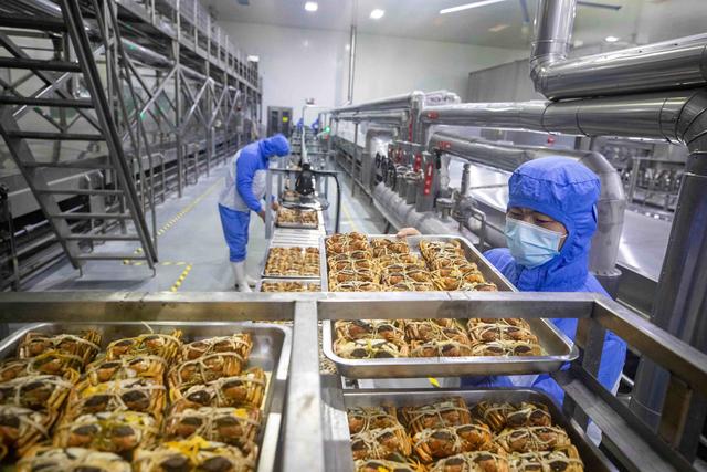 兴化经济开发区伽力森食品生物科技(江苏)有限公司,工人将蒸煮好的