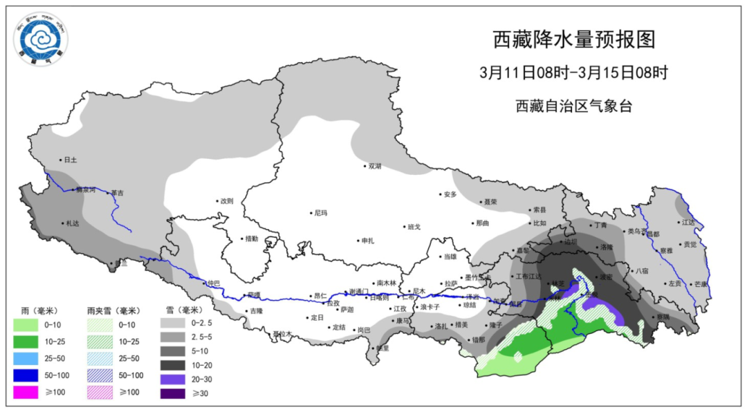 图1.3月11～14日全区累计降水量预报图