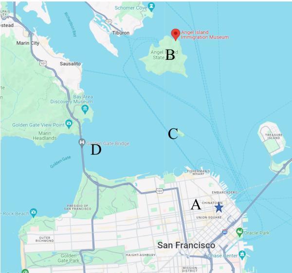 的埃仑岛上的移民拘留所博物馆,五星位置即三藩中国城 来源:谷歌地图