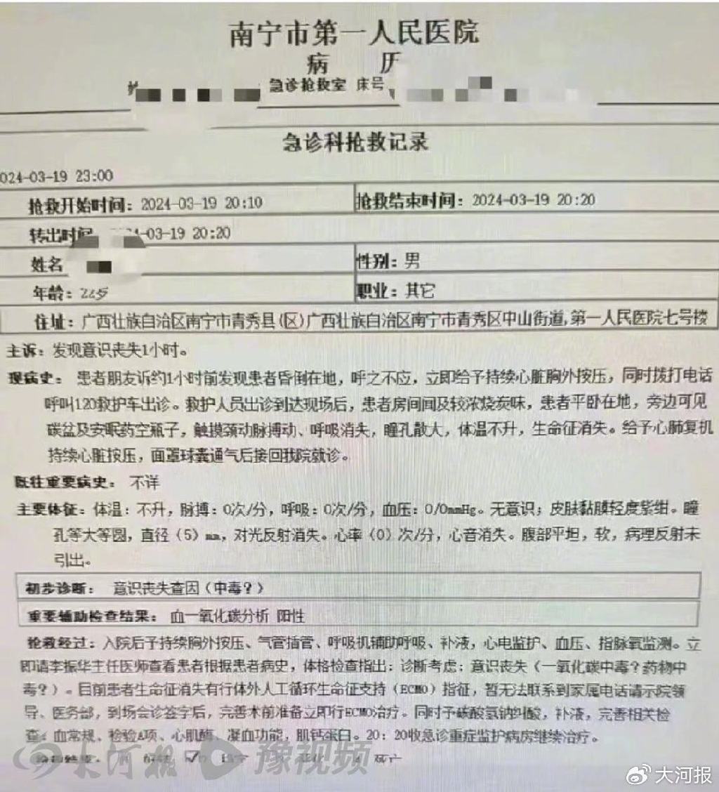 网传的一份南宁市第一人民医院急诊科抢救记录
